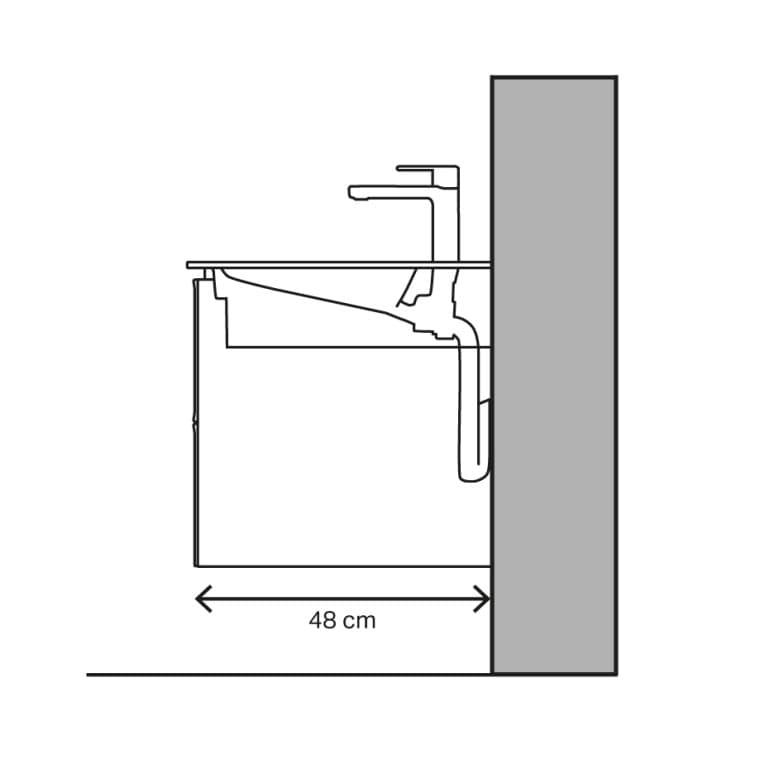 Valamu kontuur 48 cm projektsiooni ja horisontaalse äravooluga Valamu kontuur 48 cm projektsiooni ja horisontaalse äravooluga